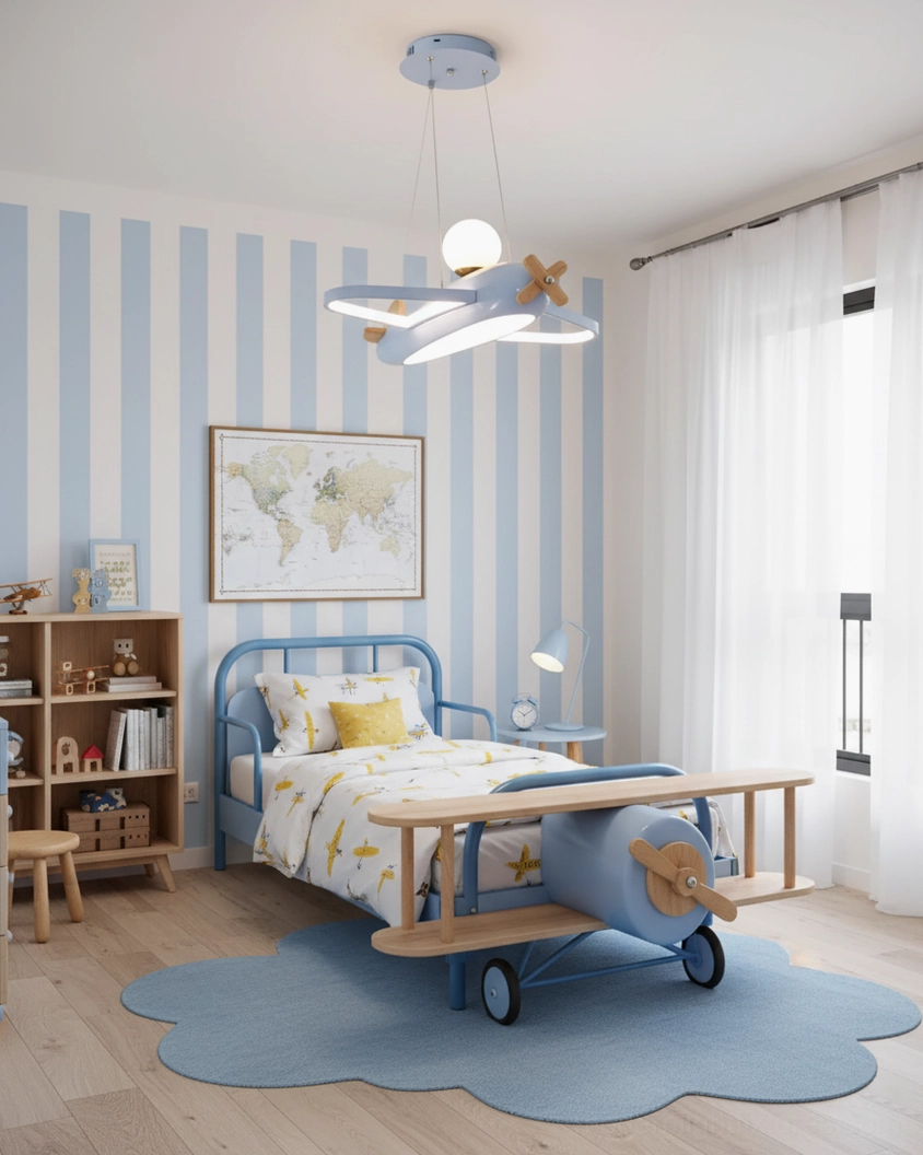 Light blue aircraft-shaped ceiling pendant in kids bedroom with blue striped walls and airplane-shaped bed frame