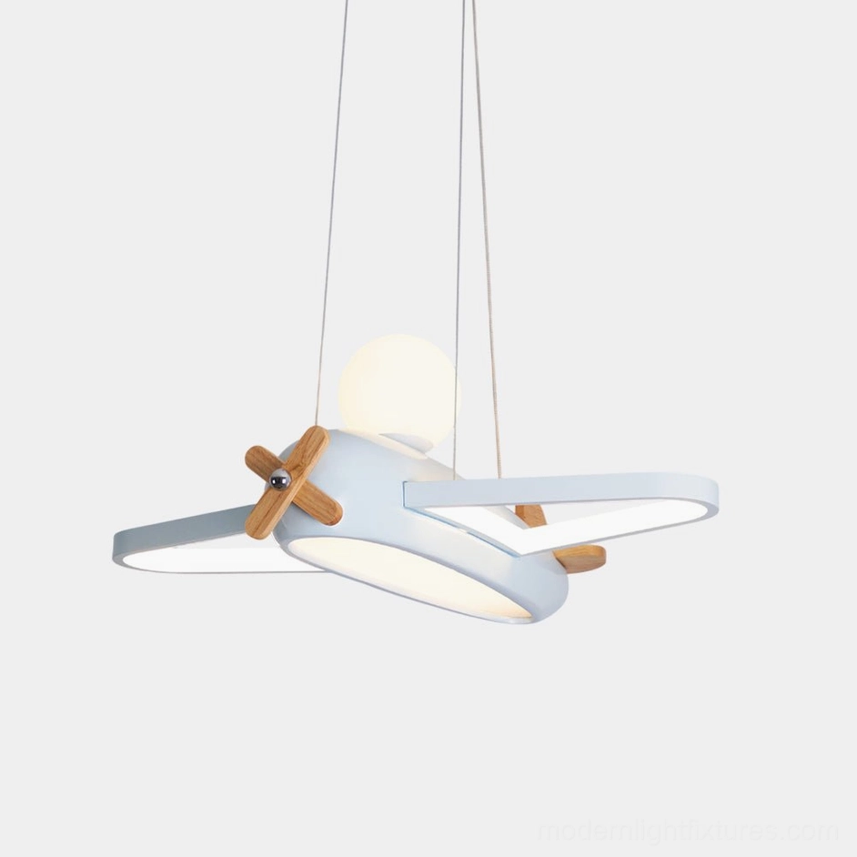 Modern light blue airplane pendant lamp with wooden propeller, frontal studio view showing aircraft-shaped design