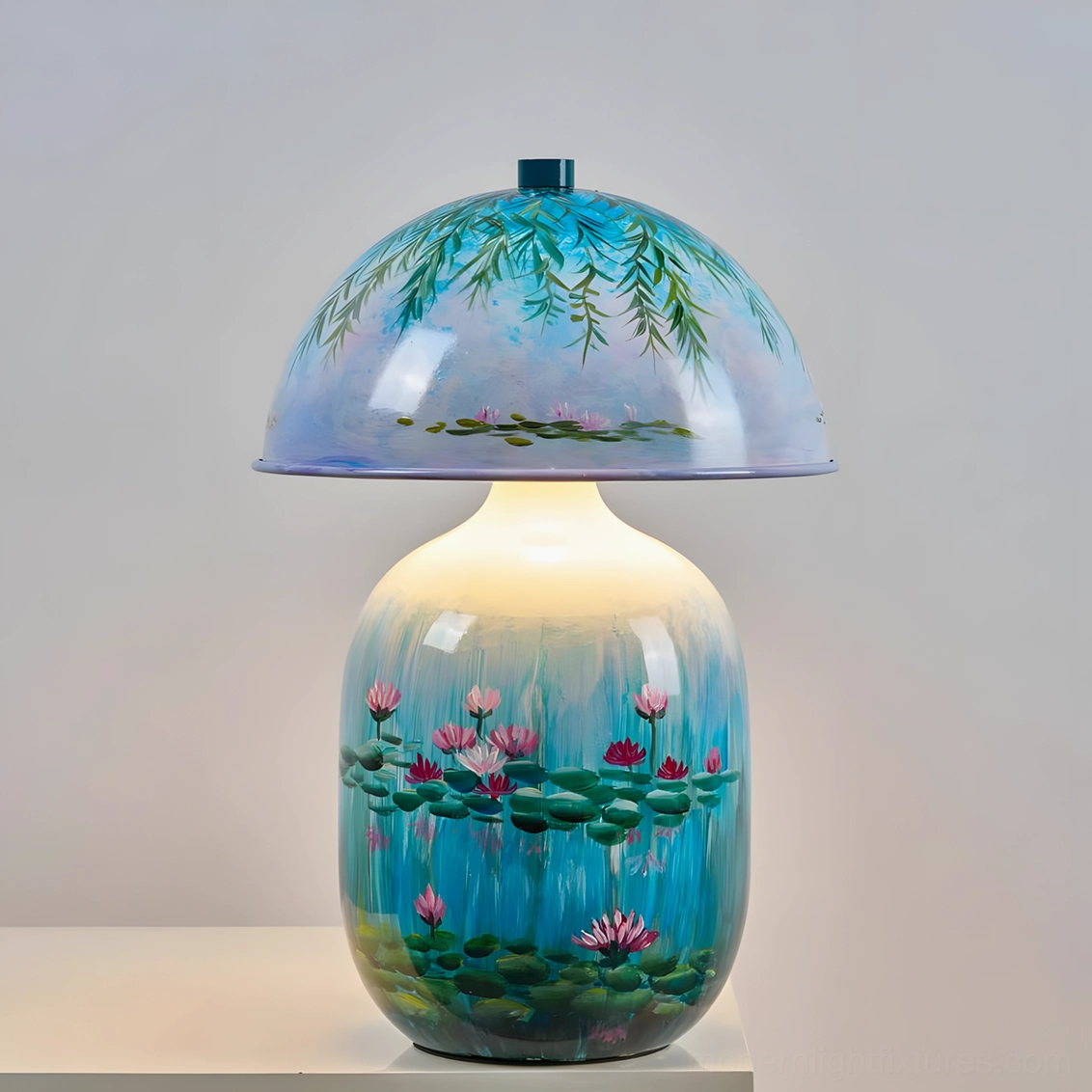 Light blue ceramic table lamp with serene glaze and integrated warm white LED light source