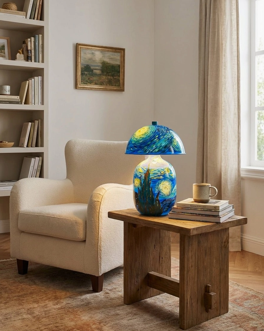 Light blue hand-painted ceramic table lamp with warm LED glow and serene artistic finish