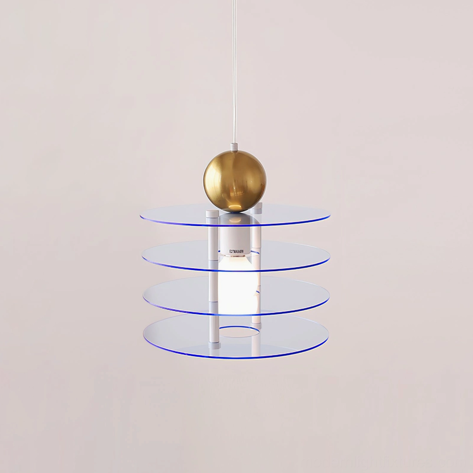 Light blue stacked acrylic pendant light with gold sphere and modern design