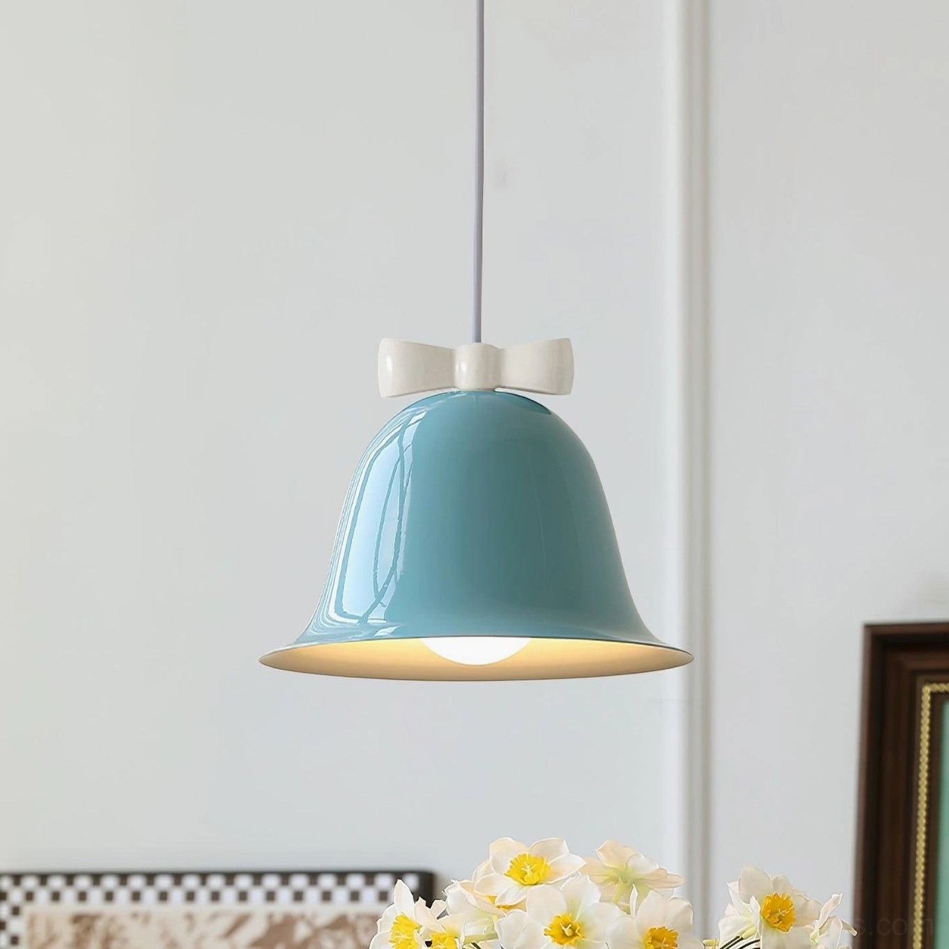Light blue and white two-tone ceramic bell pendant lamp with decorative bow detail