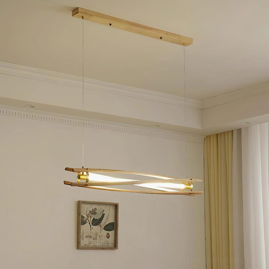 Light oak modern linear wood chandelier in small residential room with warm minimalist interior design