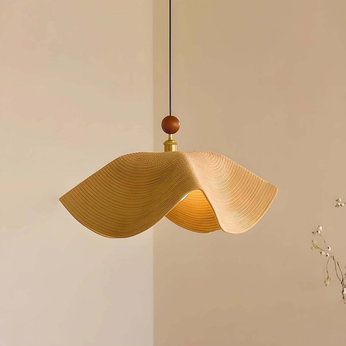 Light tan wave pendant light fixture with organic modern sculptural silhouette