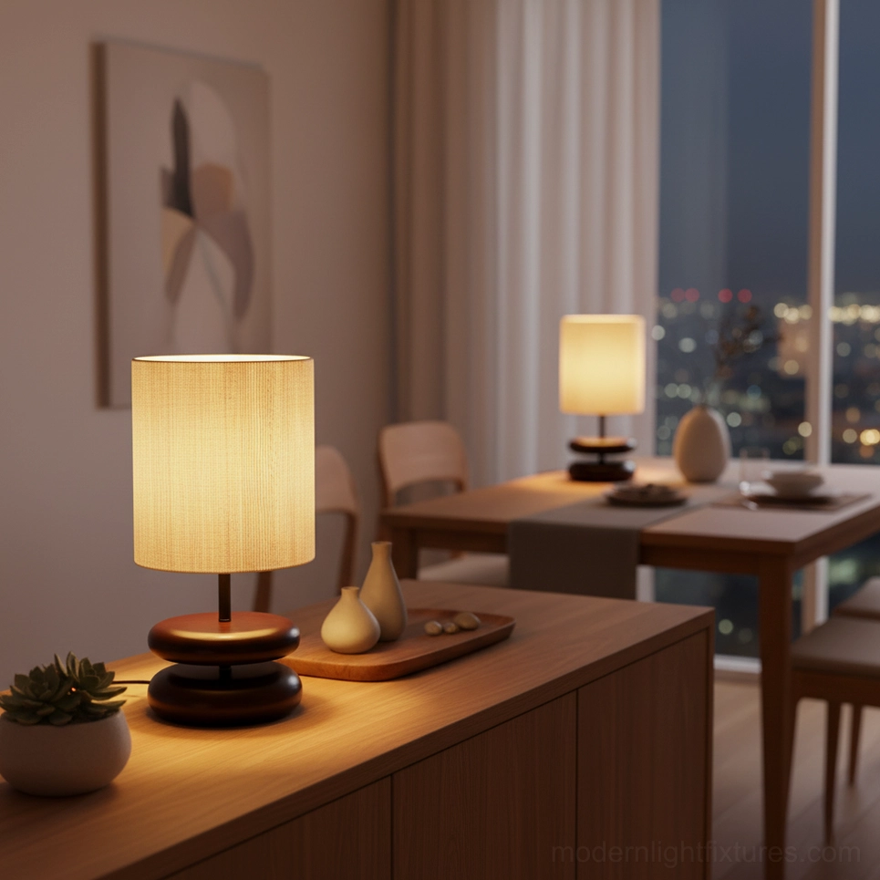 Light wood modern table lamp with warm fabric shade for bedroom accent lighting