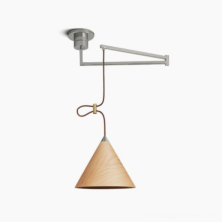 Natural light oak wood shade swing arm pendant light with brushed metal hardware