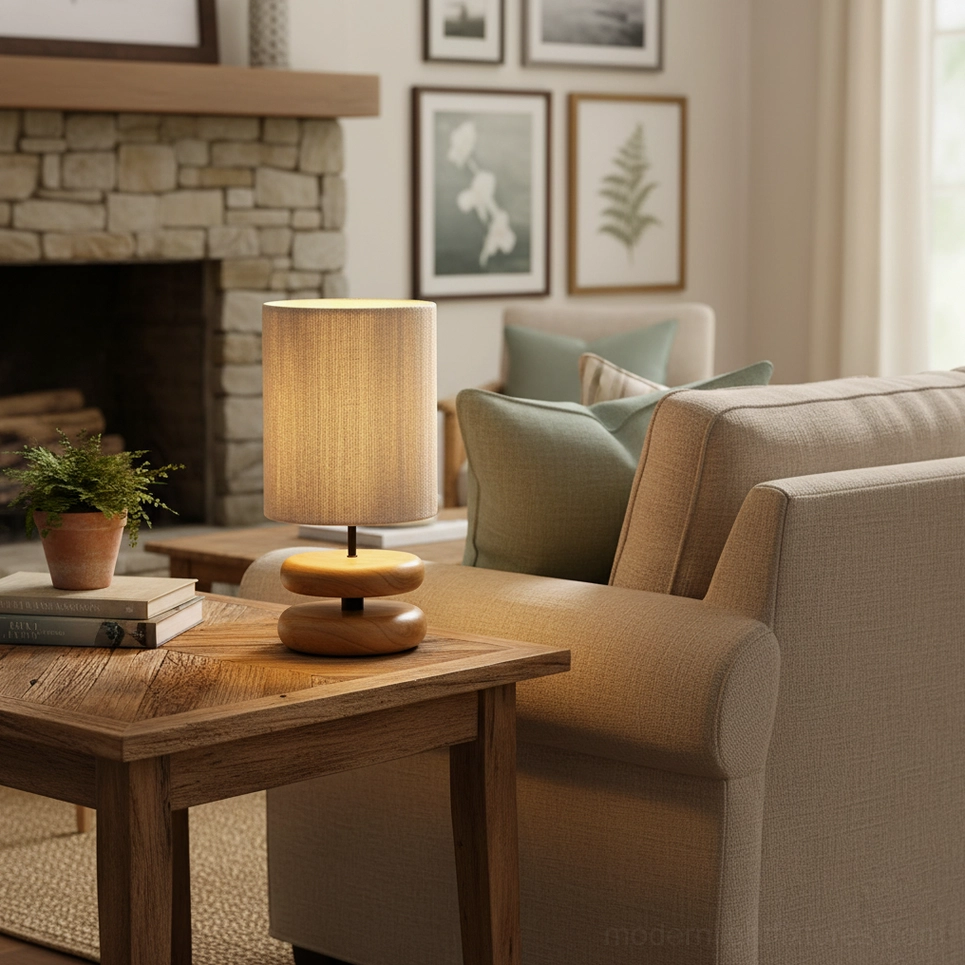 Light wood stacked base lamp with beige shade in modern farmhouse living room with fireplace