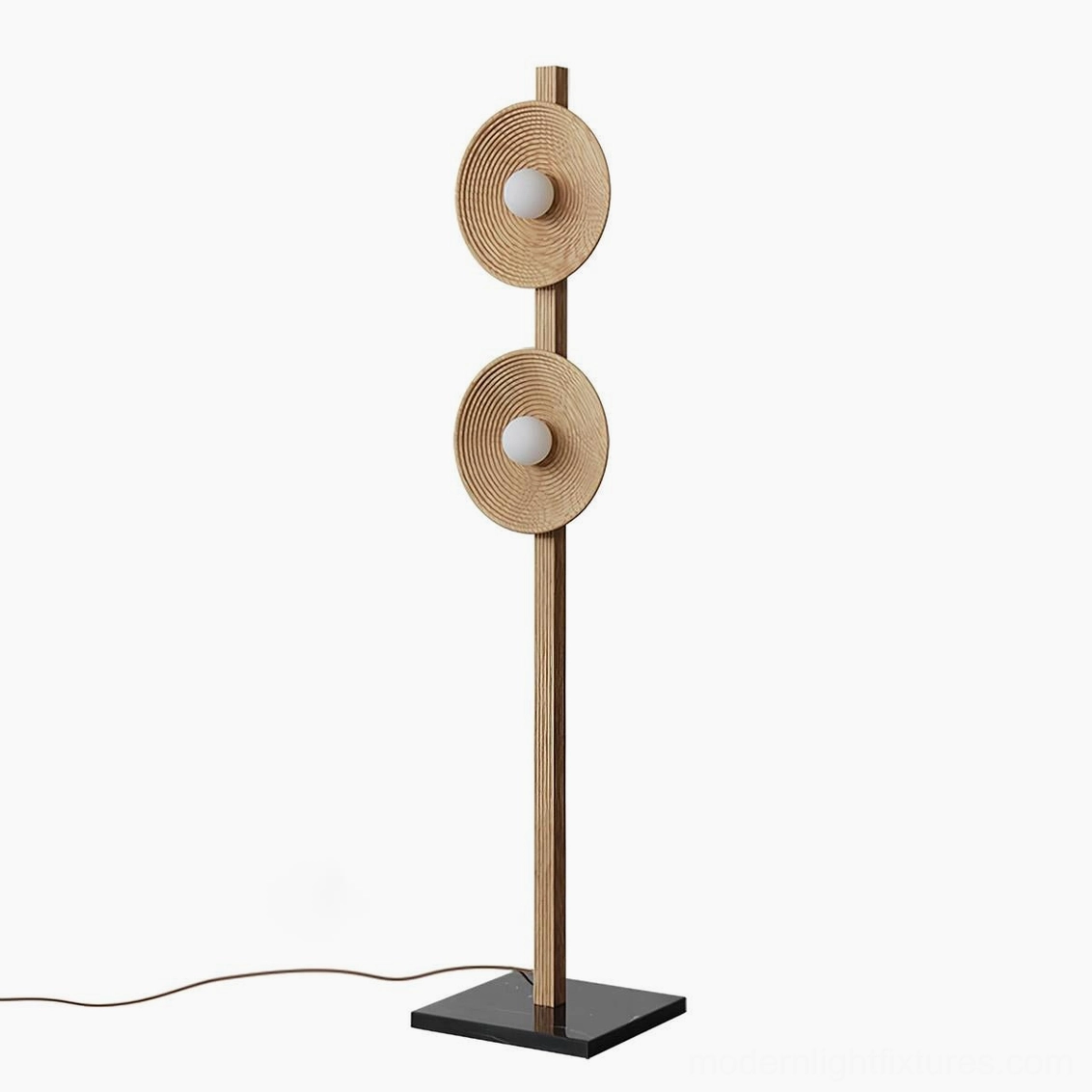 Light wood twin disc floor lamp in natural wood finish with geometric disc design and marble base