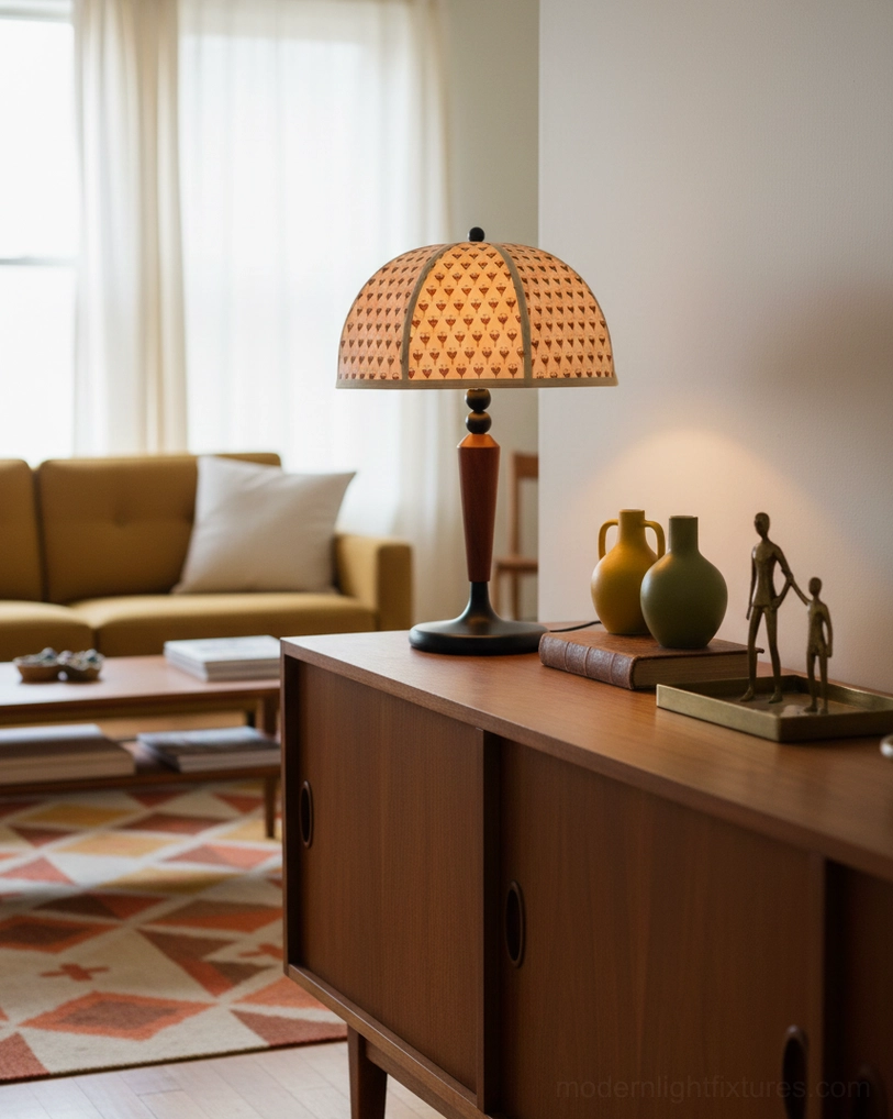 Lighted dome fabric table lamp three-quarter view on wooden sideboard with pottery figures