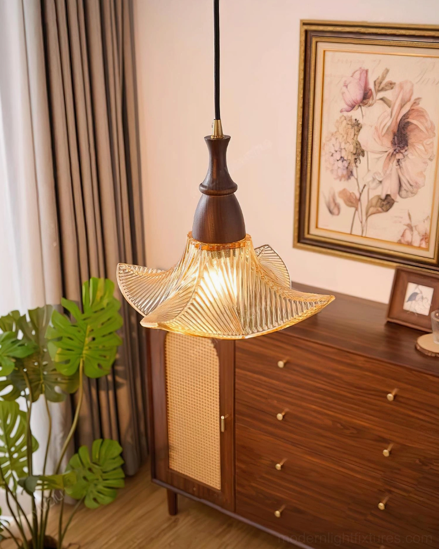 Lila vintage pendant lamp with amber ribbed glass shade and dark wood fixture in home setting