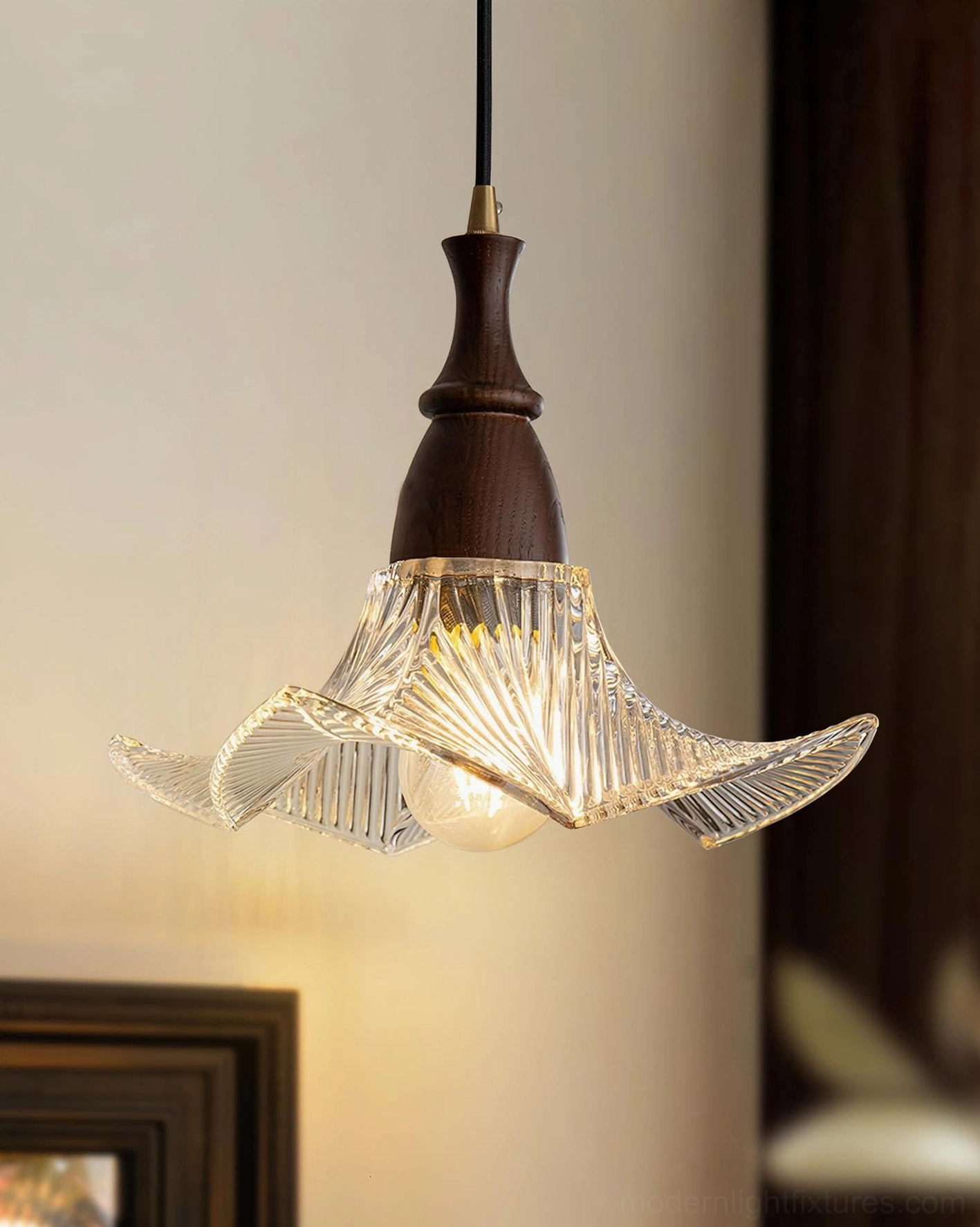 Lila clear transparent glass pendant light with textured ribbed pattern and dark wood canopy