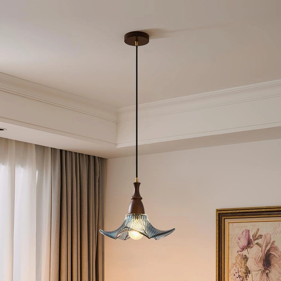 Lila cobalt blue textured glass pendant light with modern mid-century design and wood canopy