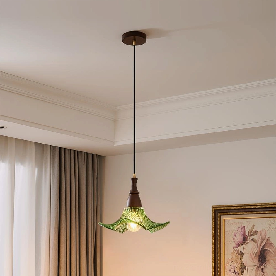 Lila sage green glass pendant light in vintage living room overhead view showing textured shade