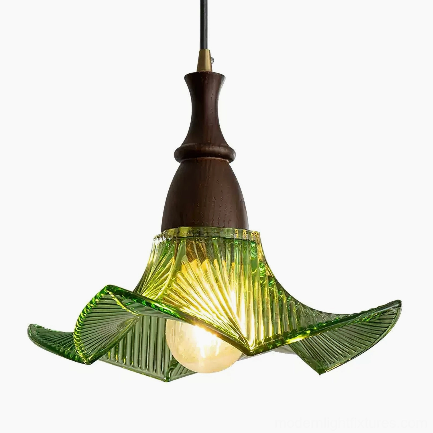 Lila green glass flower-shaped pendant lamp with warm illumination showing ribbed glass design