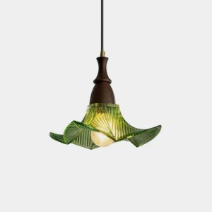 Lila mid-century modern glass pendant light with ribbed sage green shade and walnut wood canopy