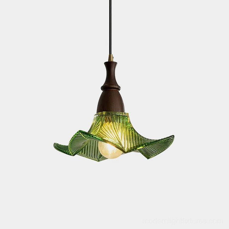 Lila mid-century modern glass pendant light with ribbed sage green shade and walnut wood canopy