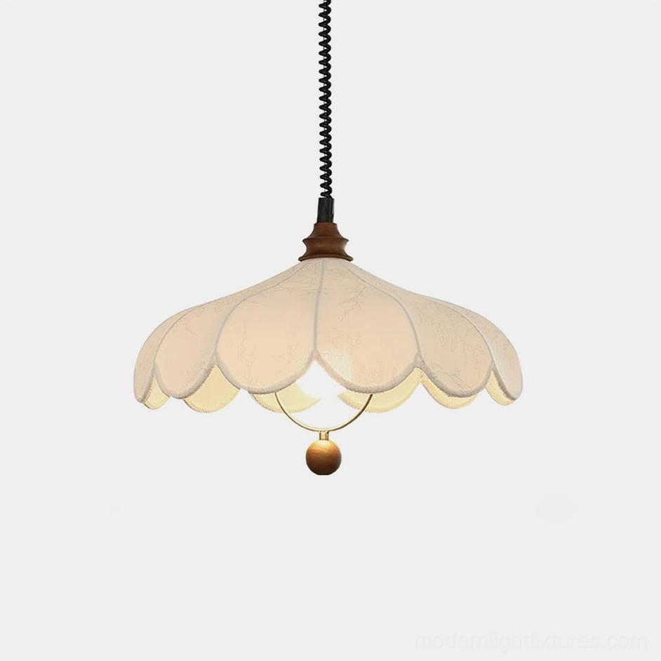 Lilea Petals scalloped fabric pendant light with walnut wood cap and brass accent, front studio view