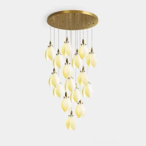 Modern lilium drop chandelier with cascading ceramic bud lights and gold ceiling mount, frontal product view