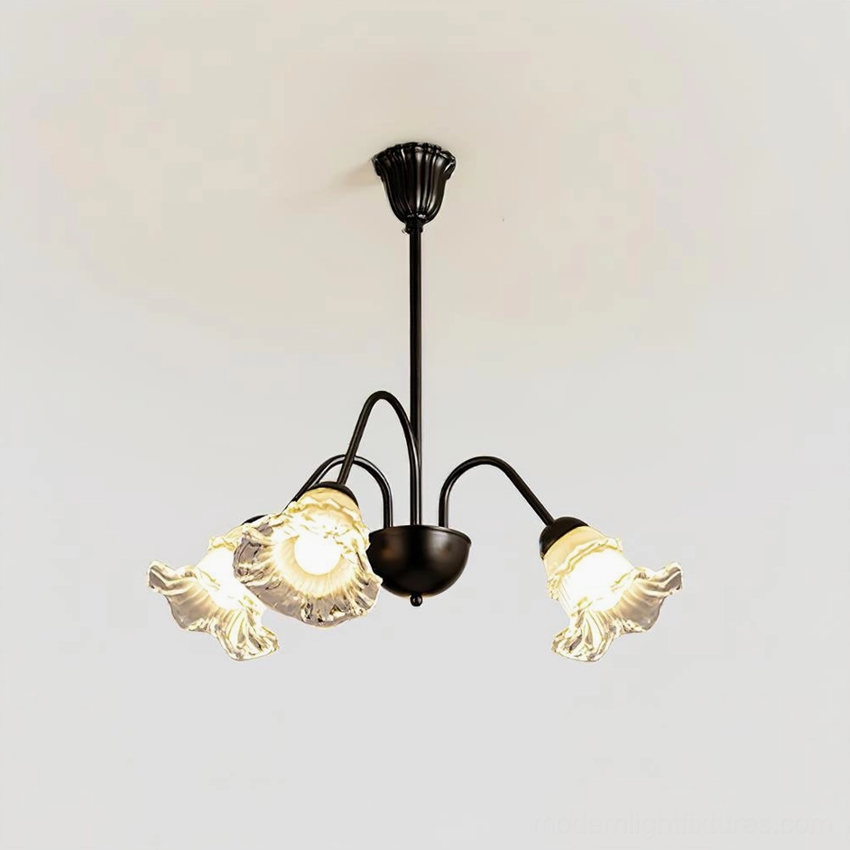3-head Lilura compact flower chandelier with ruffled clear glass shades and black metal construction