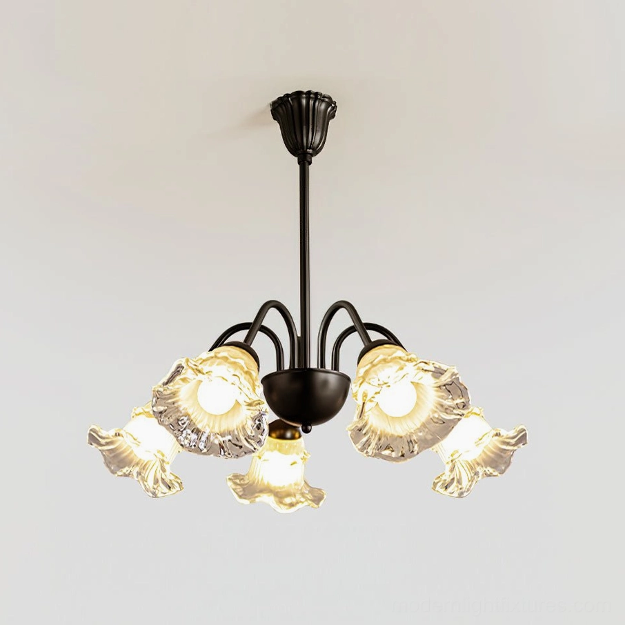 5-head Lilura botanical glass chandelier in neutral studio lighting showcasing petal-inspired design