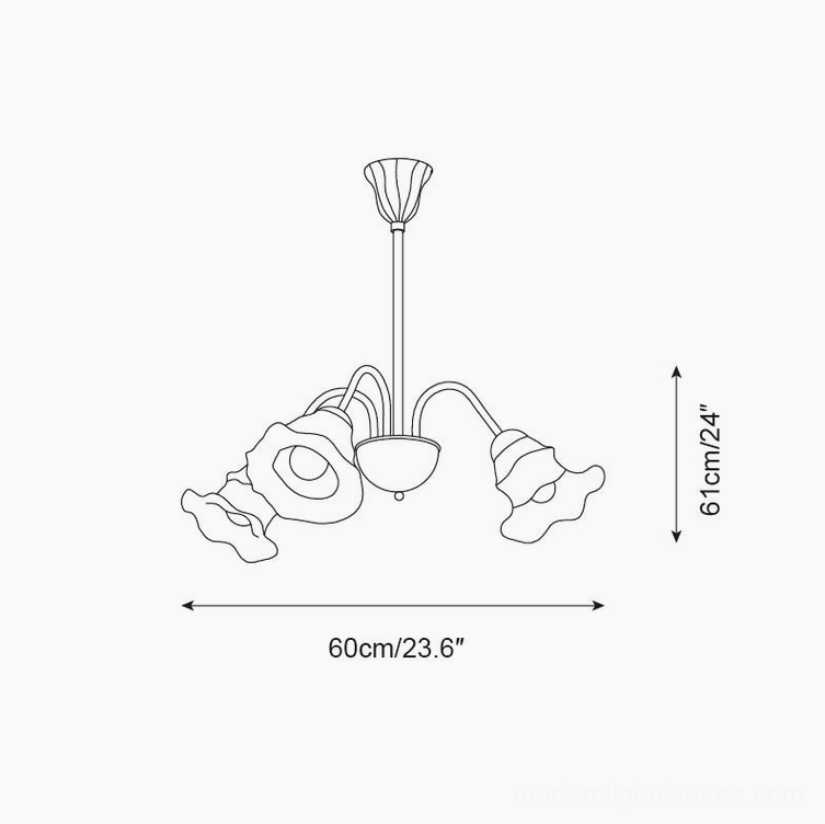 Lilura 6-arm chandelier technical design drawing showing 60cm width and 61cm height specifications