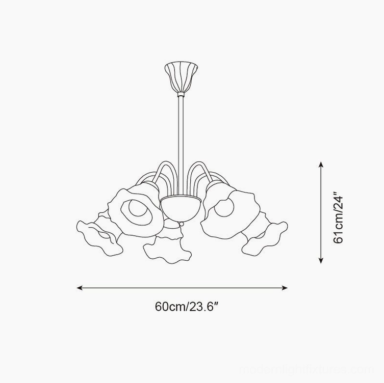 Lilura 8-arm chandelier orthographic design drawing with dimensional specifications and metal construction