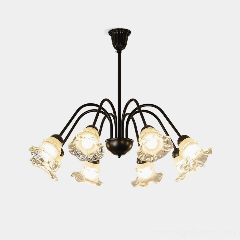 Lilura 8-head floral glass chandelier with ruffled petal shades and black metal arms in studio overhead view