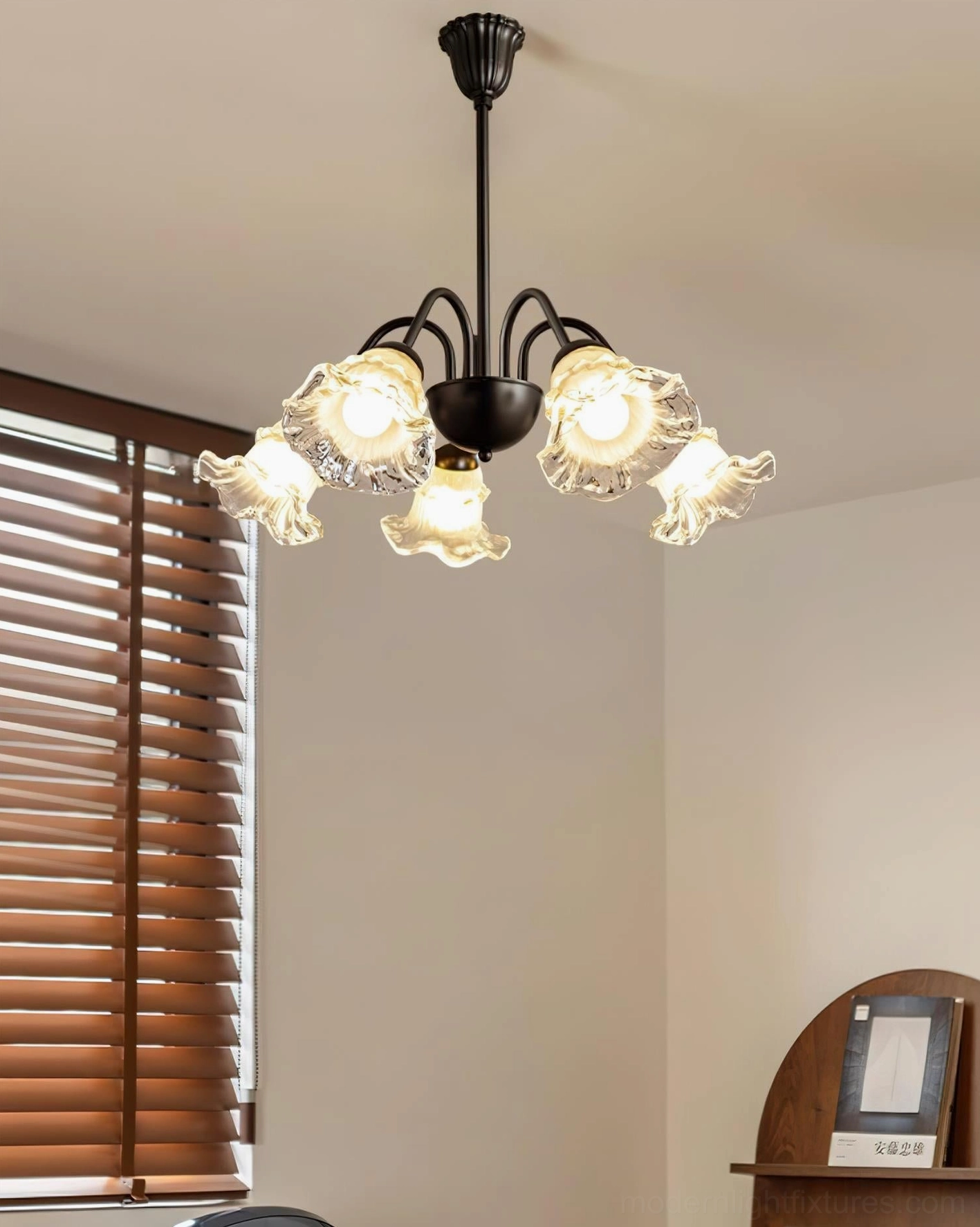 Compact Lilura flower chandelier in residential room with wooden shutters and ruffled glass shades