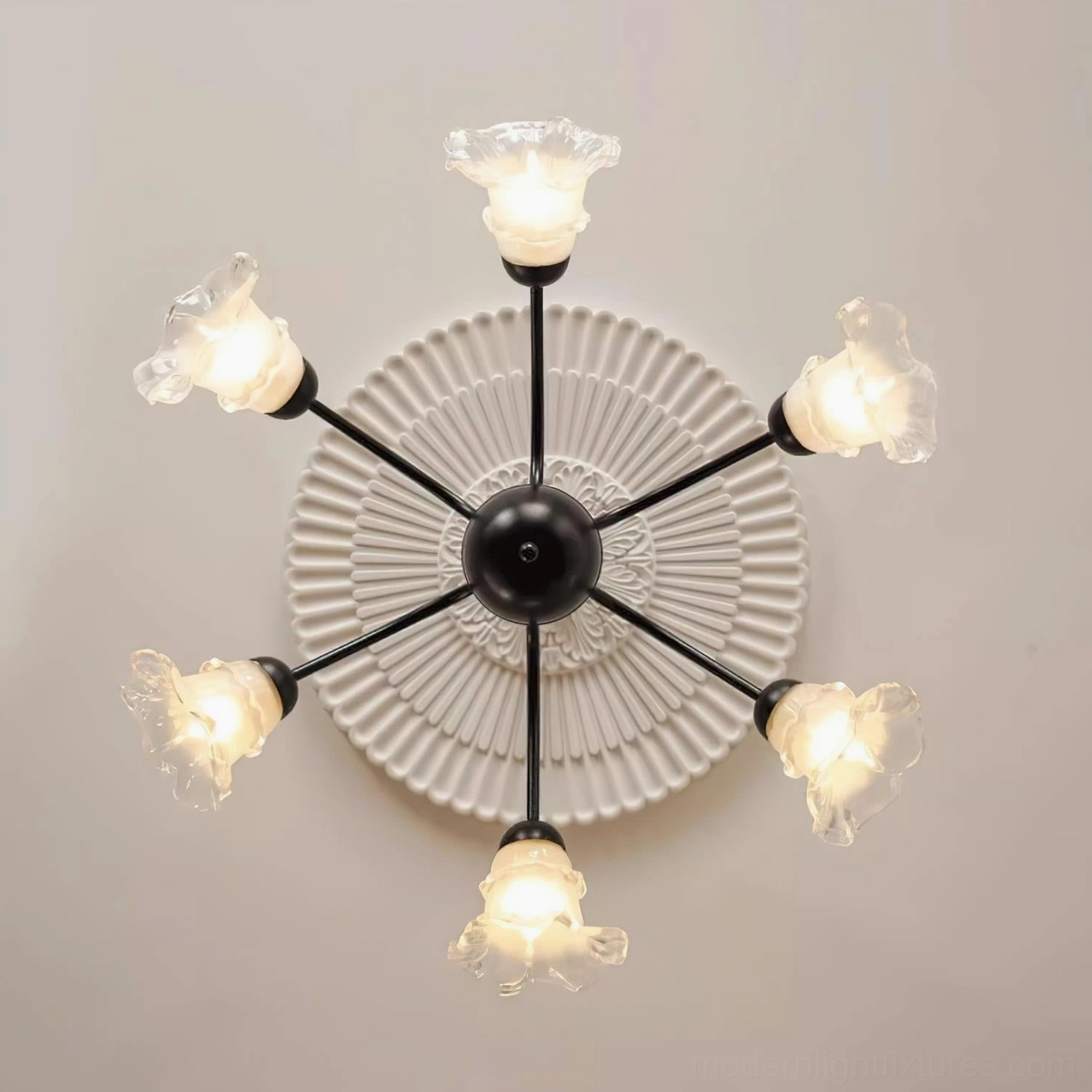 Lilura flush-mount flower ceiling light with 9 ruffled glass shades and decorative black fixture base