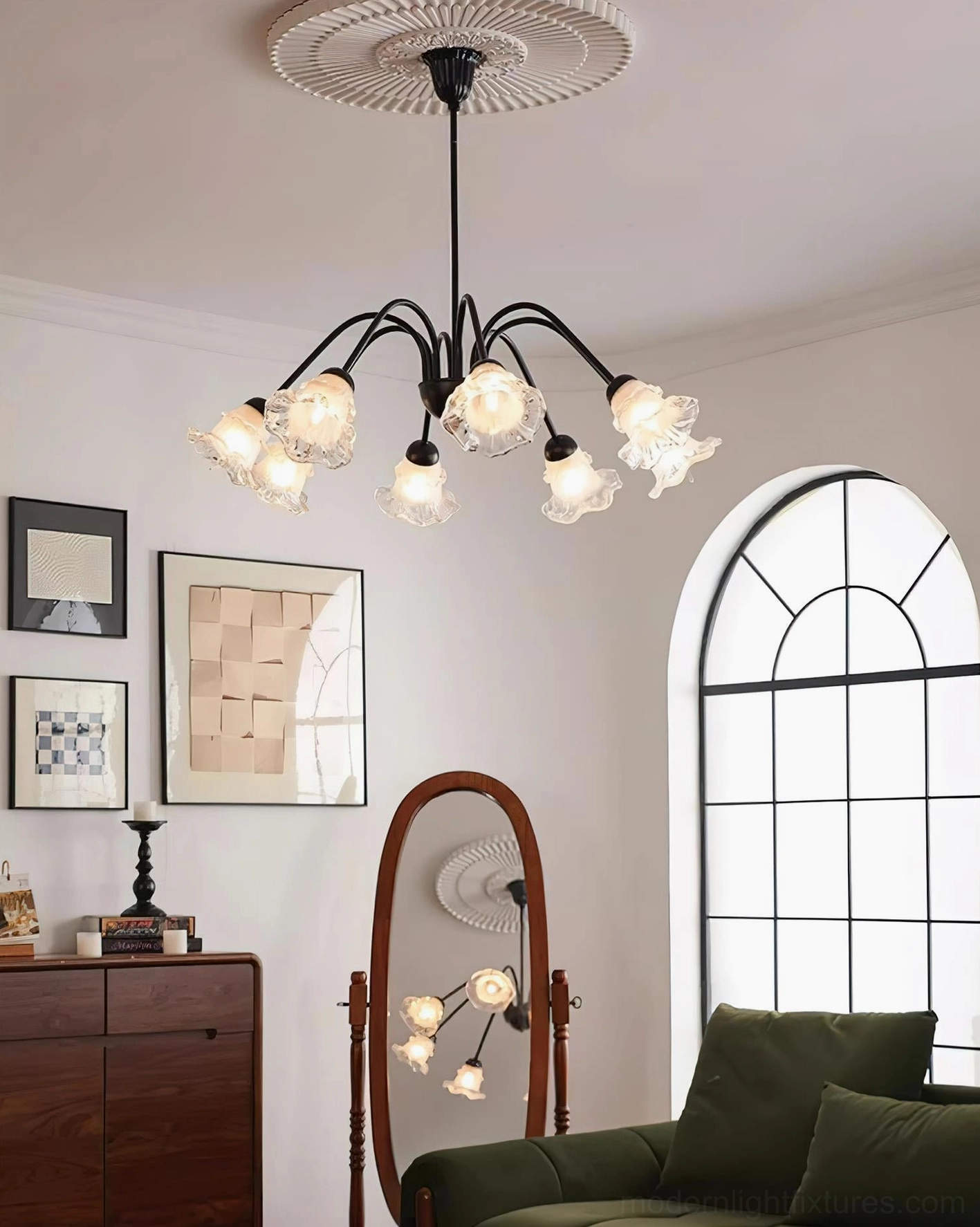 Lilura floral chandelier close-up detail showing ruffled translucent glass shade texture