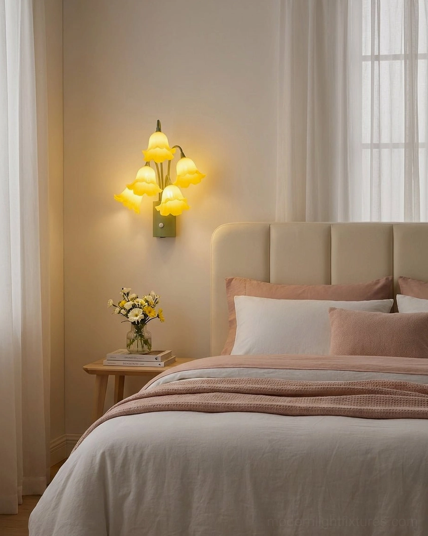 Yellow lily bloom motion sensor wall sconce above upholstered bed warm night light accent