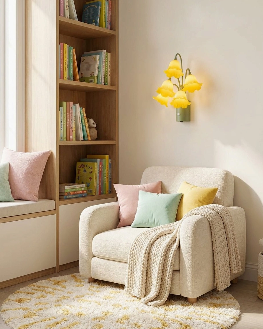 Yellow lily bloom wall sconce as decorative accent light in modern living room with lounge chair
