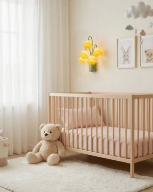 Yellow floral wall sconce installed in nursery bedroom above wooden crib providing soft warm accent lighting