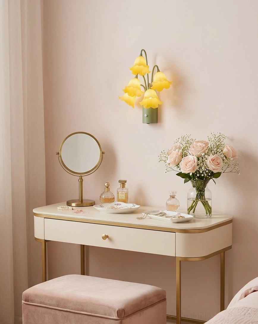 Floral wall sconce warm glow vanity makeup station corner elegant feminine lighting