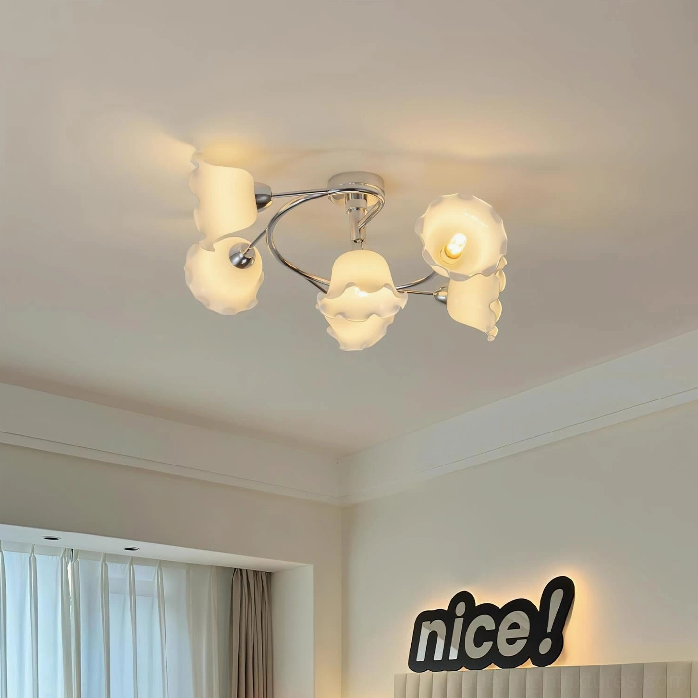 Lily Cascade 6-head ceiling light fixture installed in modern bedroom - functional and decorative lighting