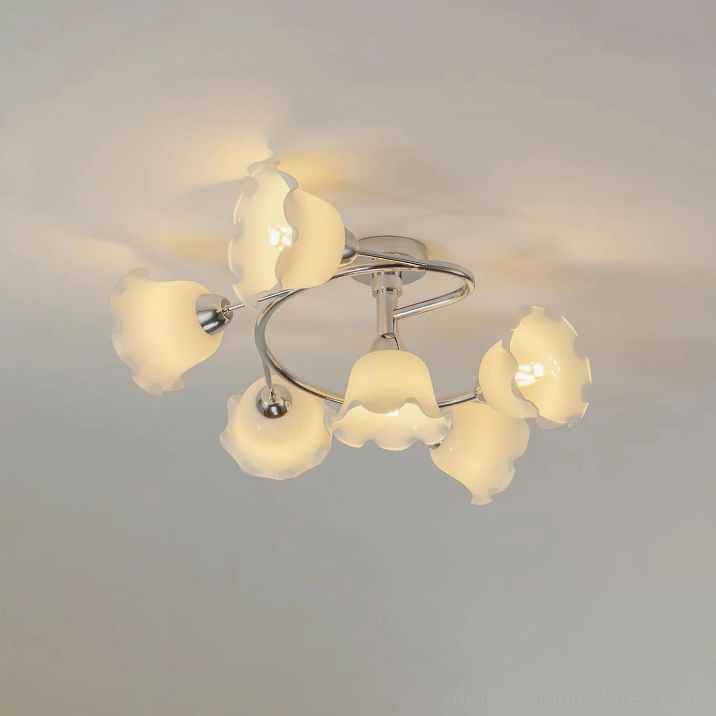 6-head frosted glass ceiling light fixture installed in modern home showing ambient lighting distribution