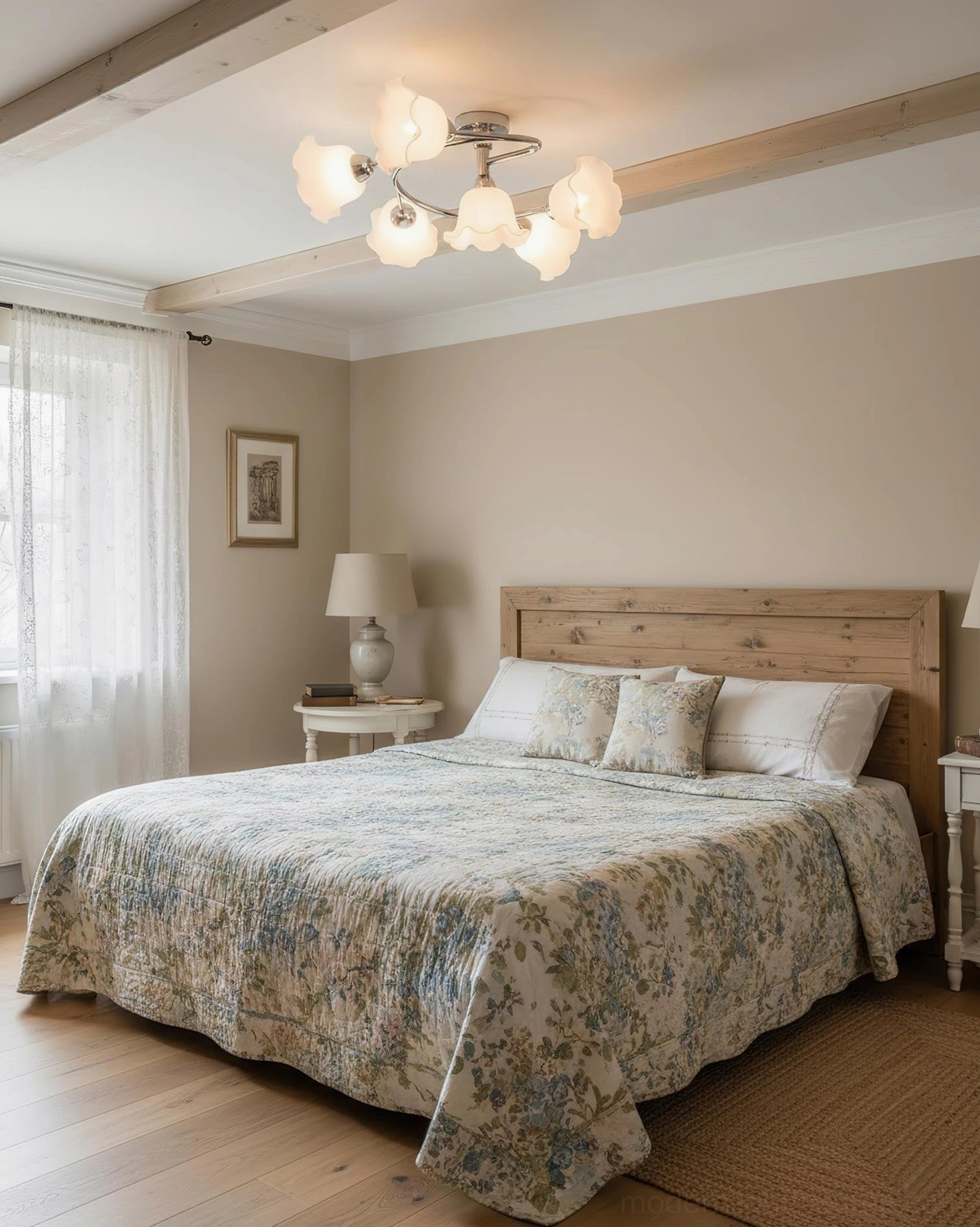 Modern frosted glass petal ceiling light fixture in country style bedroom with wooden headboard and floral bedding