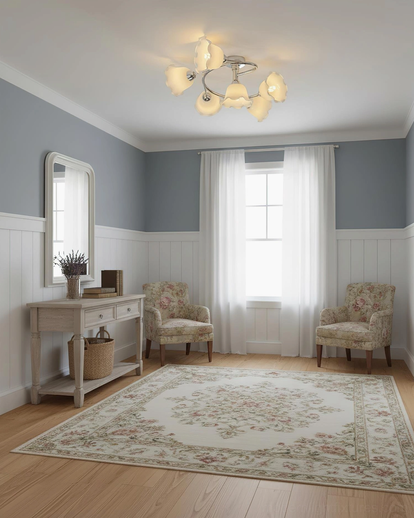 Frosted glass 6-head ceiling light fixture in farmhouse bedroom vanity area with dressing console and accents
