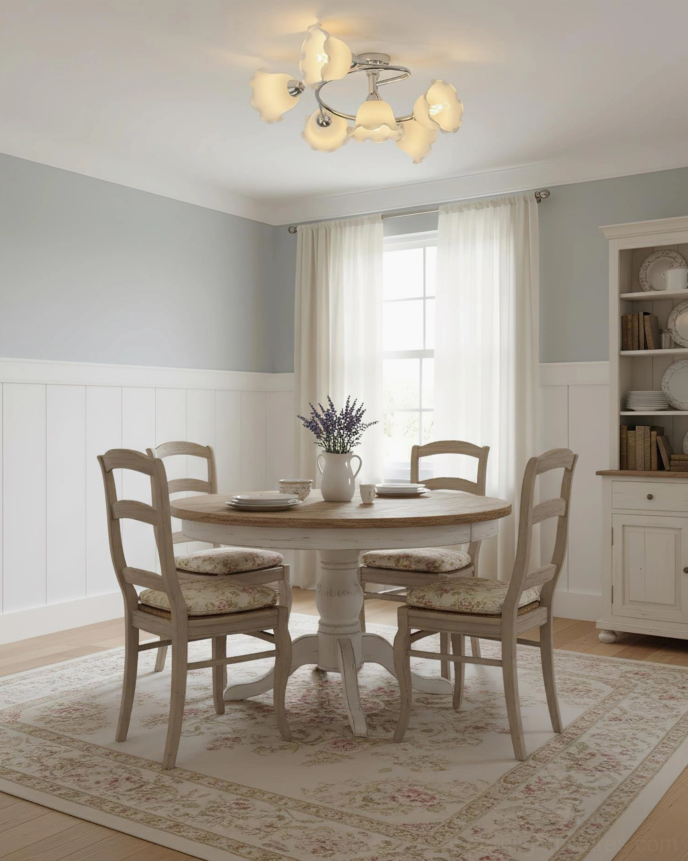 Frosted glass petal ceiling light fixture with chrome hardware installed in farmhouse dining room scene
