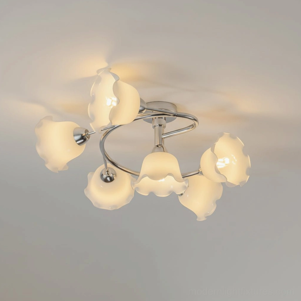 Lily Cascade frosted glass petal ceiling light fixture - detailed close-up of glass shades and chrome hardware