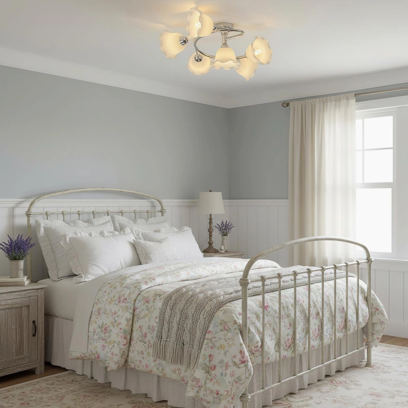 Modern frosted glass ceiling light fixture in romantic rural bedroom with metal bed frame and floral linens