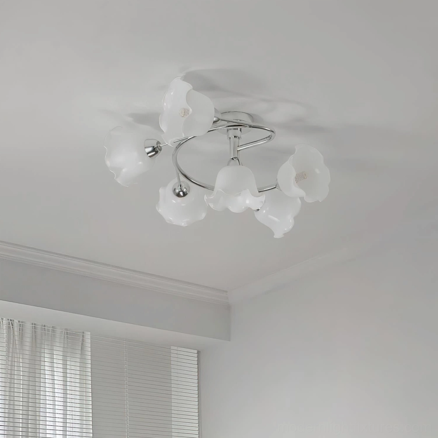 Contemporary frosted glass ceiling light fixture showing elegant polished chrome frame and design details
