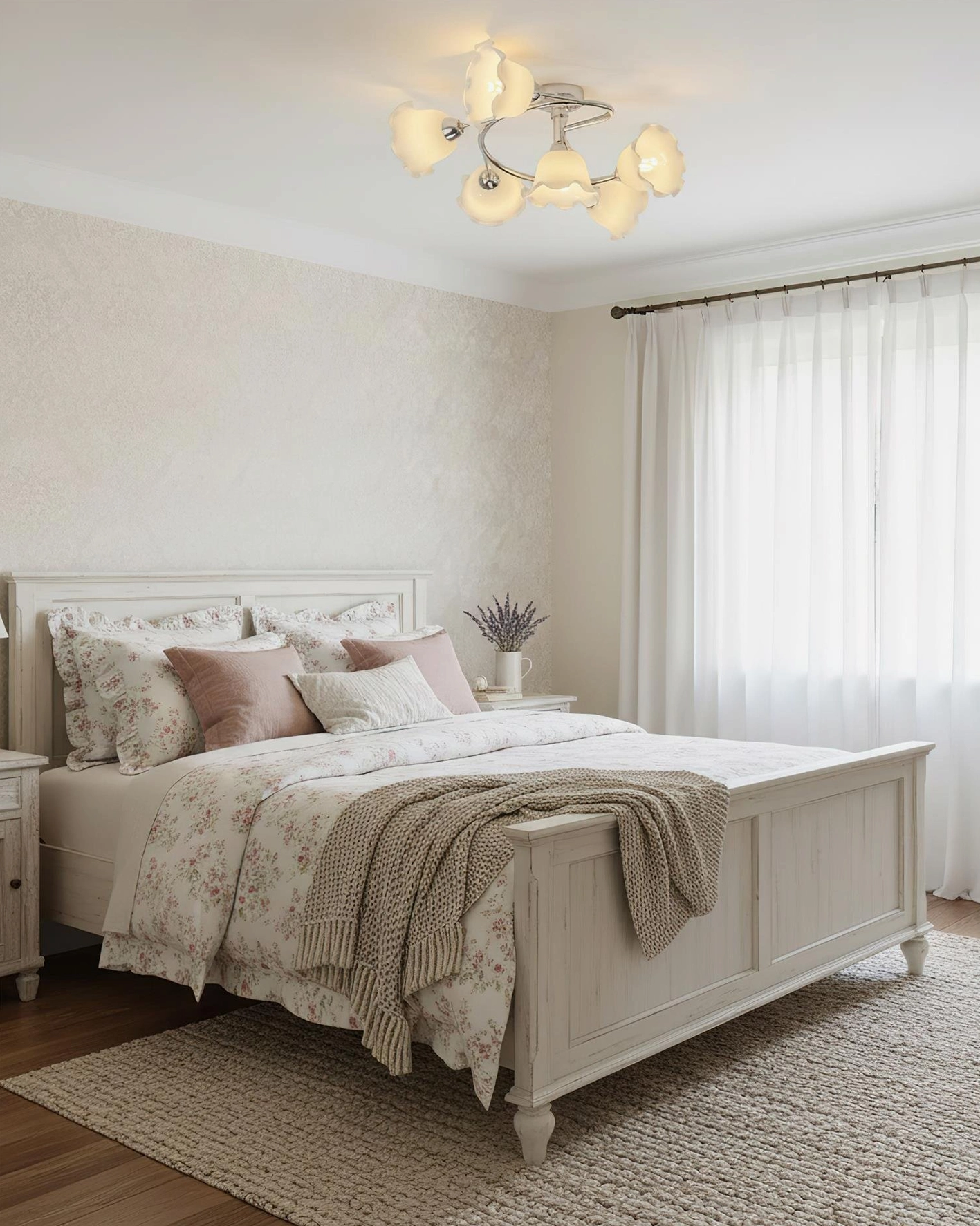 Contemporary frosted glass 6-head ceiling light fixture in minimalist white bedroom with sheer curtains