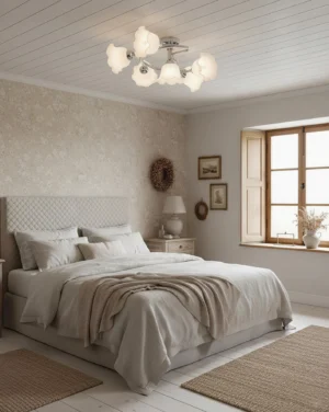 Lily Cascade ceiling light fixture installed in warm master bedroom with tufted headboard and woven area rugs