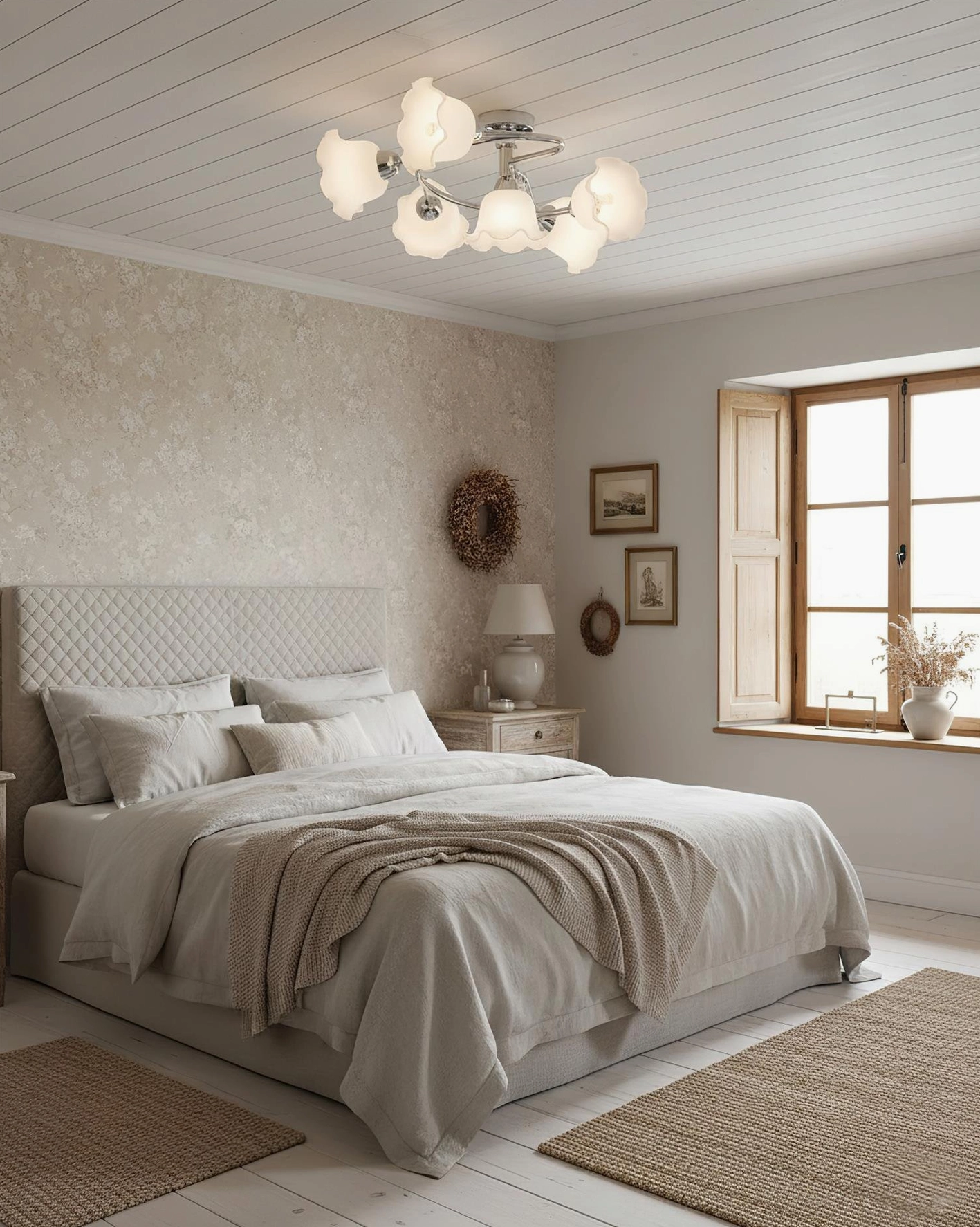 Lily Cascade ceiling light fixture installed in warm master bedroom with tufted headboard and woven area rugs