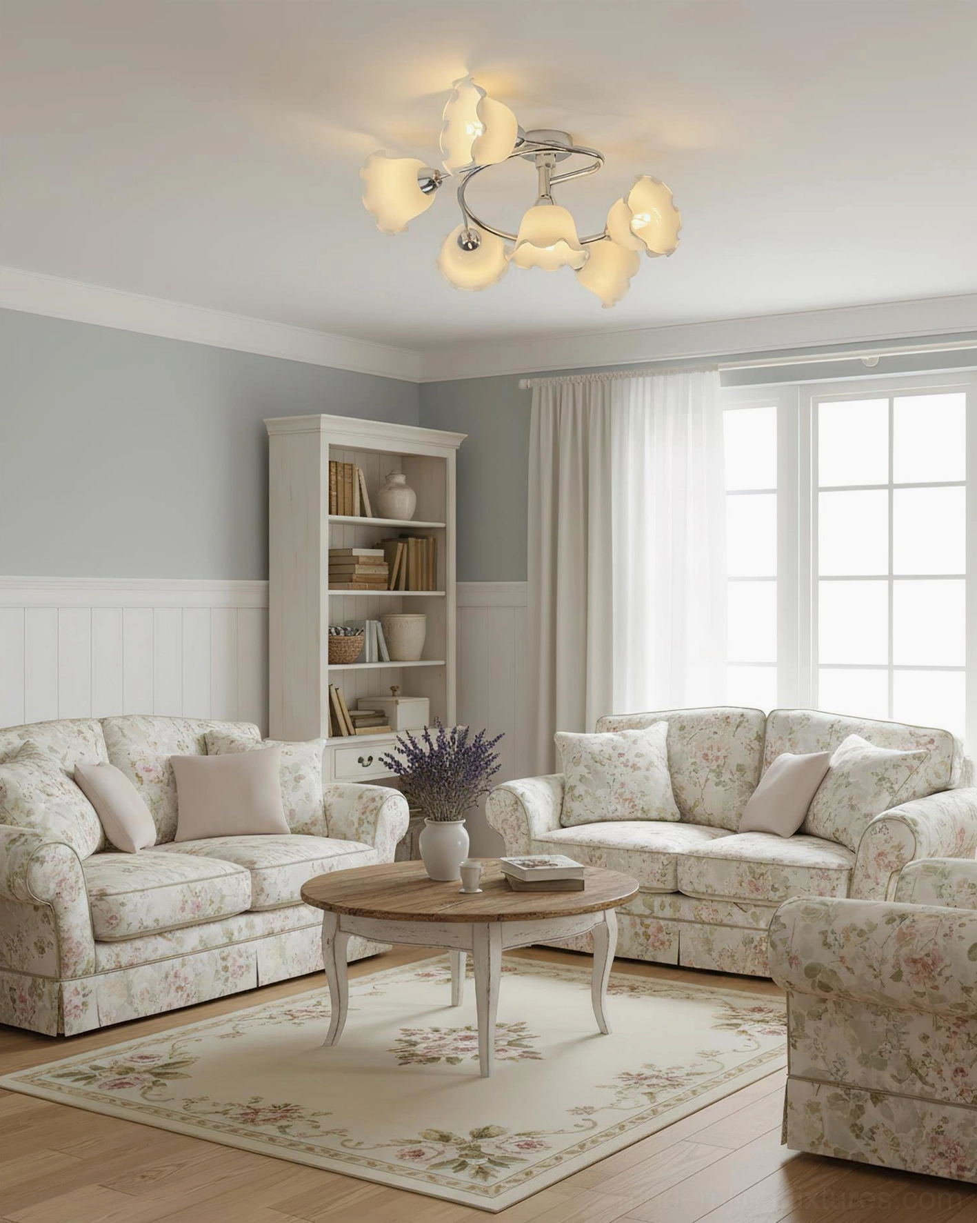 Contemporary floral petal ceiling light fixture illuminating country style living room with sofas and area rug