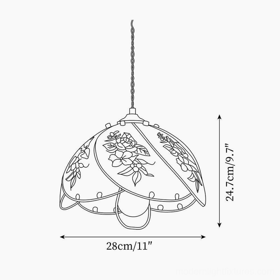 Technical design sketch of lily floral pendant lamp showing 28cm diameter and 24.7cm height specifications