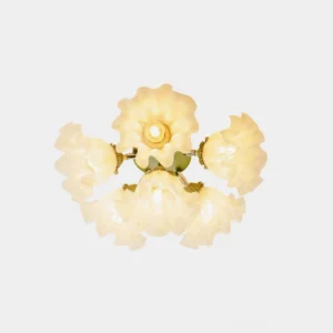 Lily flower flush mount ceiling light with frosted glass petals and metal frame, front studio view showing pastoral design