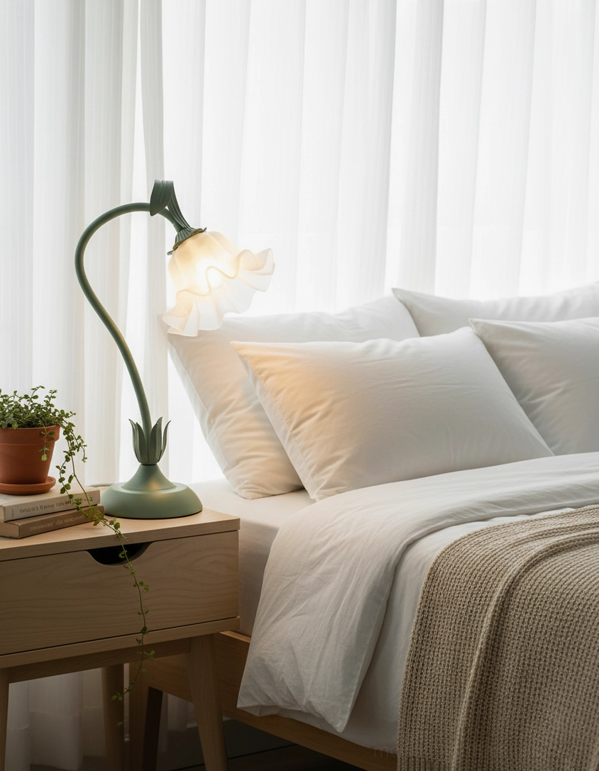 Lily flower table lamp on bedroom nightstand creating soft ambient light in cozy bedroom interior