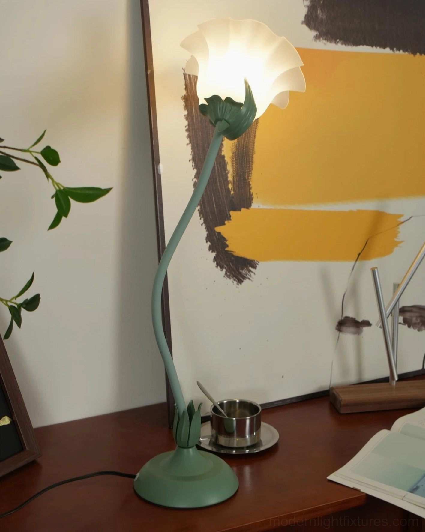 Lily flower table lamp on bedroom nightstand with warm ambient lighting creating sanctuary